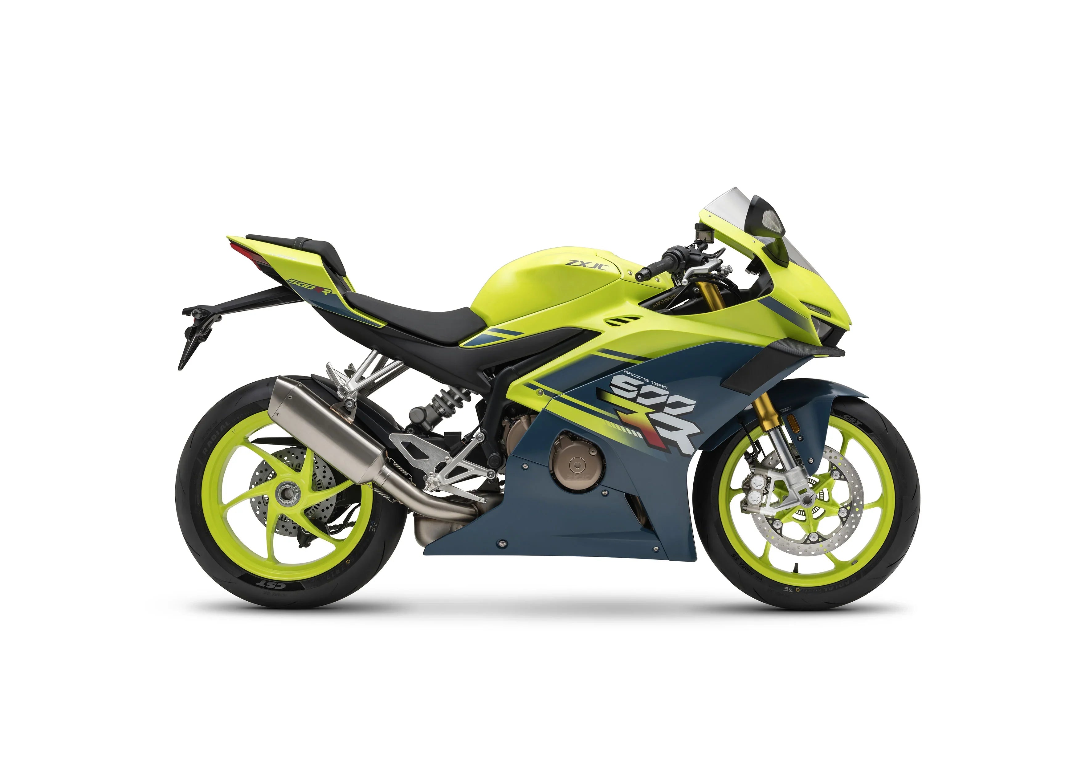 Neon green ZXMoto 500RR WSBK standings motorcycle, racing bike with aerodynamic design and racing decals.