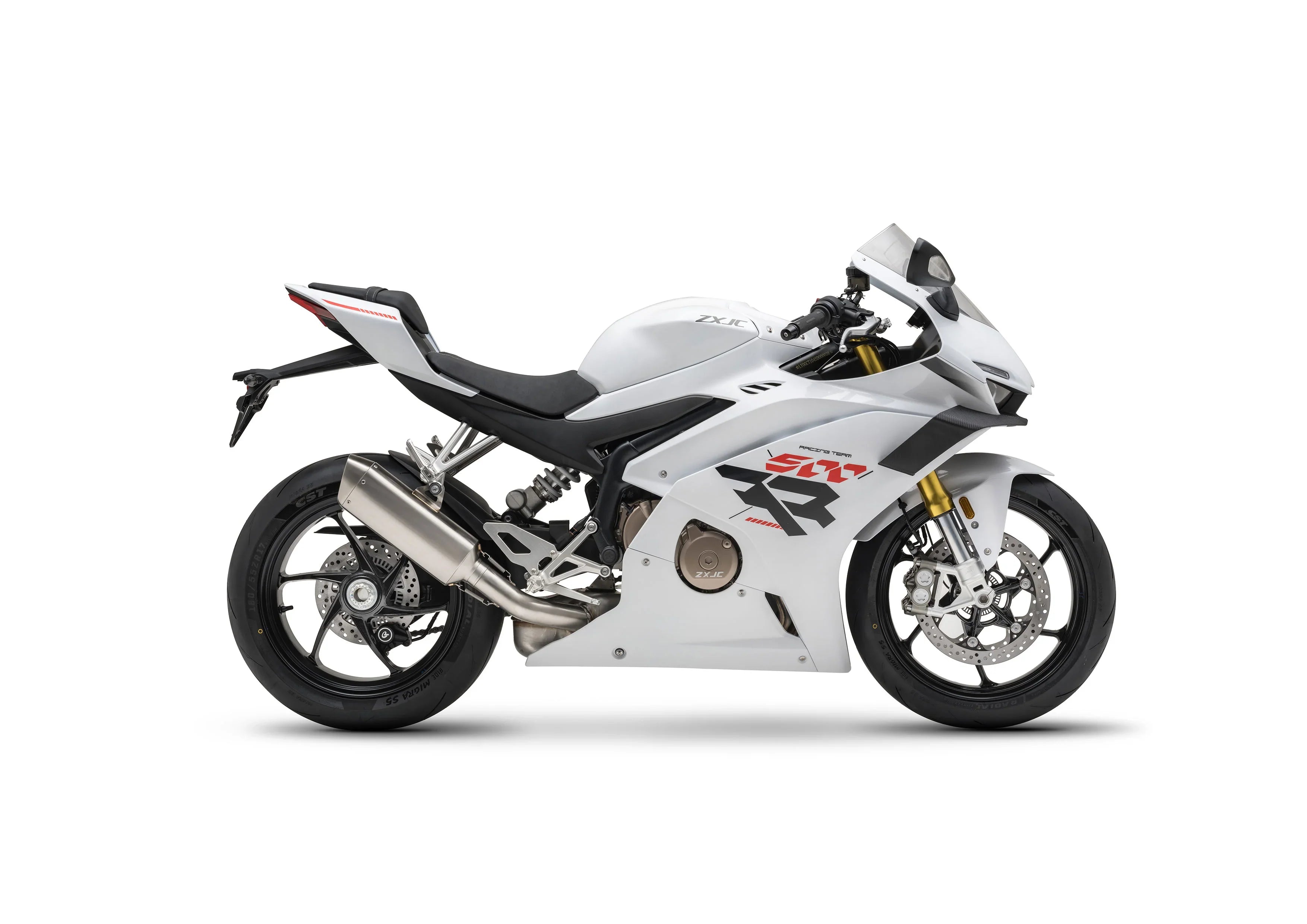 Pearl white ZXMoto WSBK 500RR motorbike with sleek design and sporty body, front view highlighting wheels and aerodynamic features.