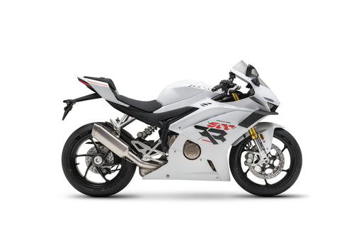Pearl white ZXMoto WSBK 500RR motorbike with sleek design and sporty body, front view highlighting wheels and aerodynamic features.