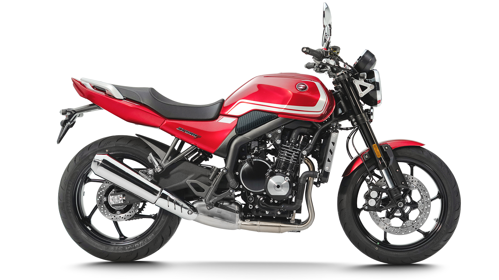 Red ZXMOTO 500F sports motorcycle with sleek design and sporty look, shown from a side view on a neutral background.
