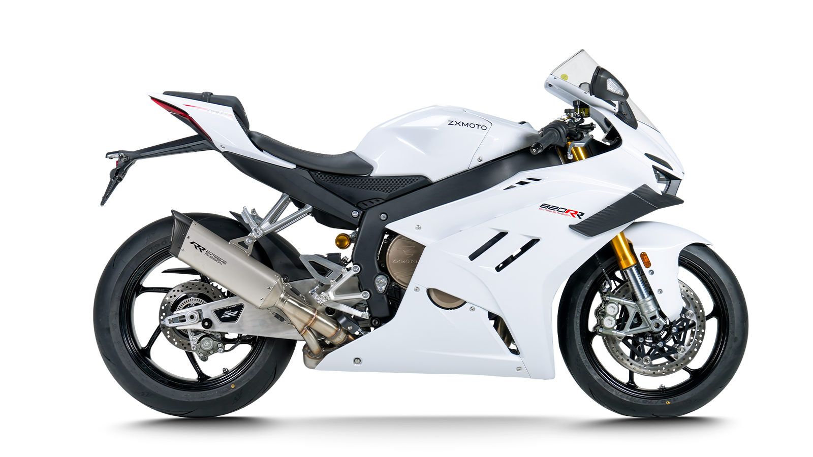 Milk white ZXMOTO 820RR sports motorcycle standing upright, showcasing sleek design and aerodynamic features.