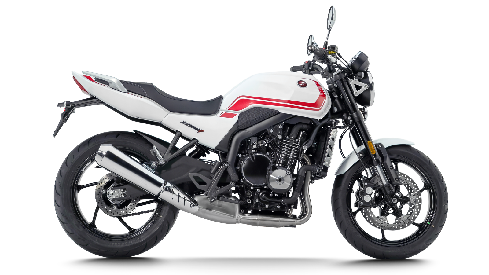 White ZXMOTO 500F sports motorcycle with sleek design, front view showing sporty body, headlights, and aggressive styling.
