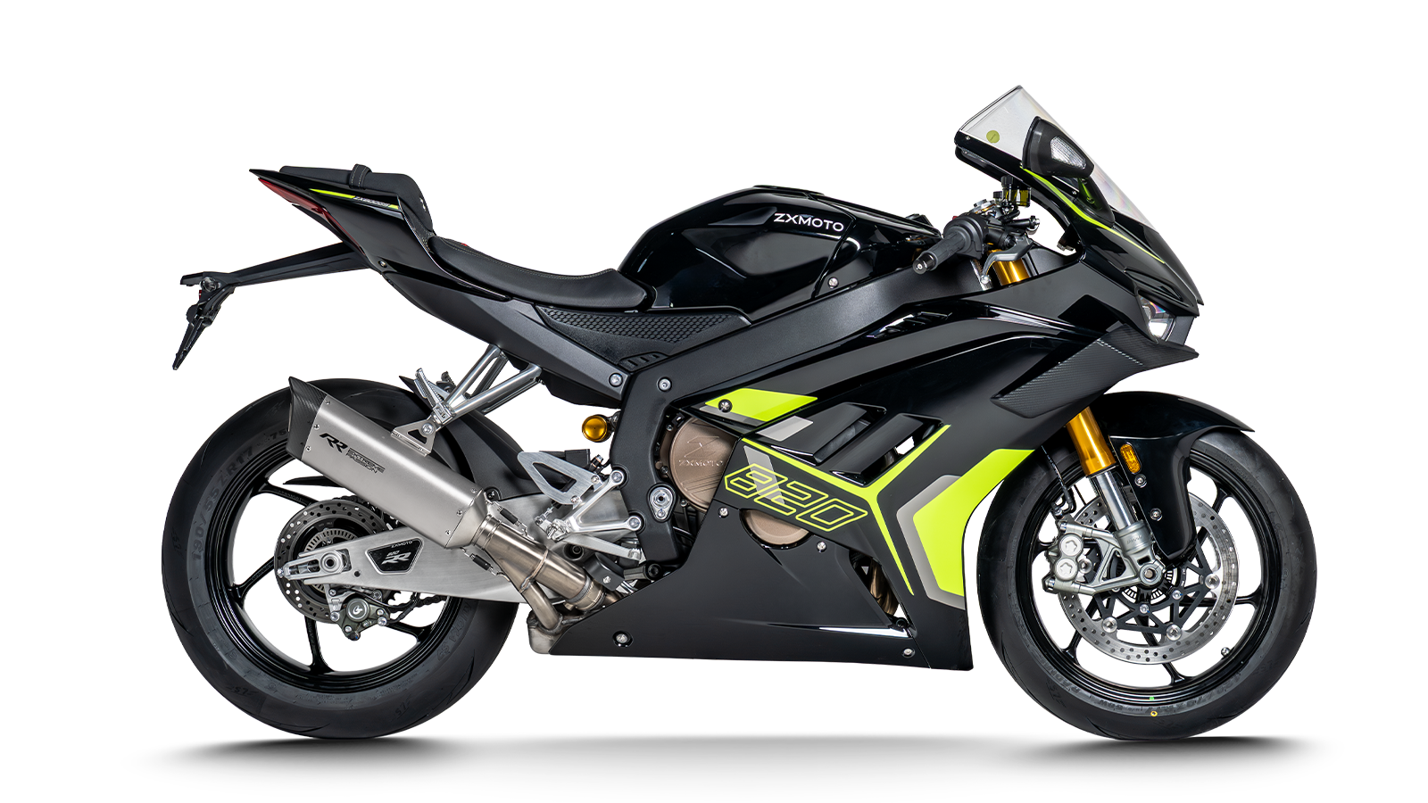 ZXMOTO Black WBSK standing first 820RR sports motorcycle, sleek design, showcased from the side angle.