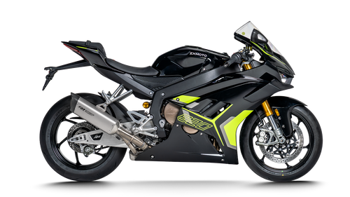 ZXMOTO Black WBSK standing first 820RR sports motorcycle, sleek design, showcased from the side angle.