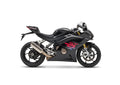 Metallic black ZXMoto WSBK 500RR sports motorcycle, sleek design, showcased from side angle, detailed engine and sporty features.