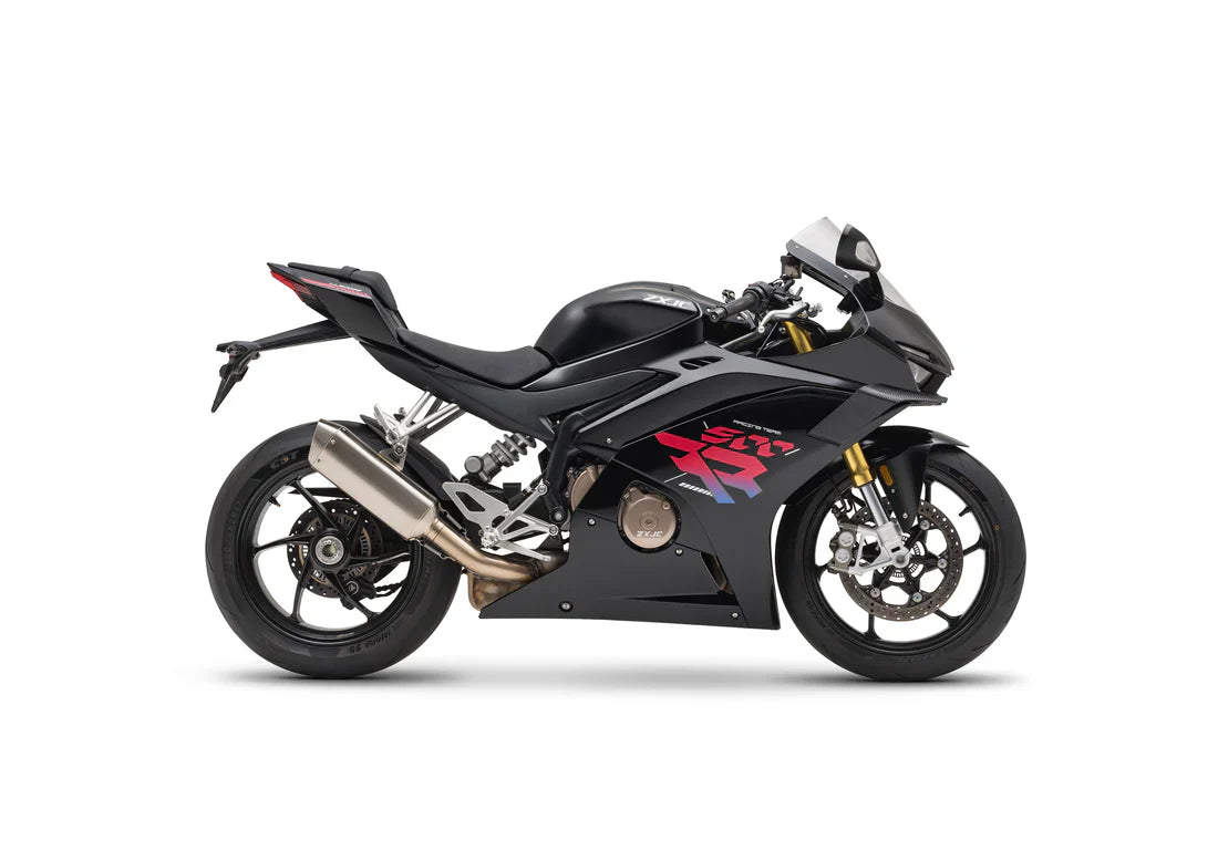 Metallic black ZXMoto WSBK 500RR sports motorcycle, sleek design, showcased from side angle, detailed engine and sporty features.